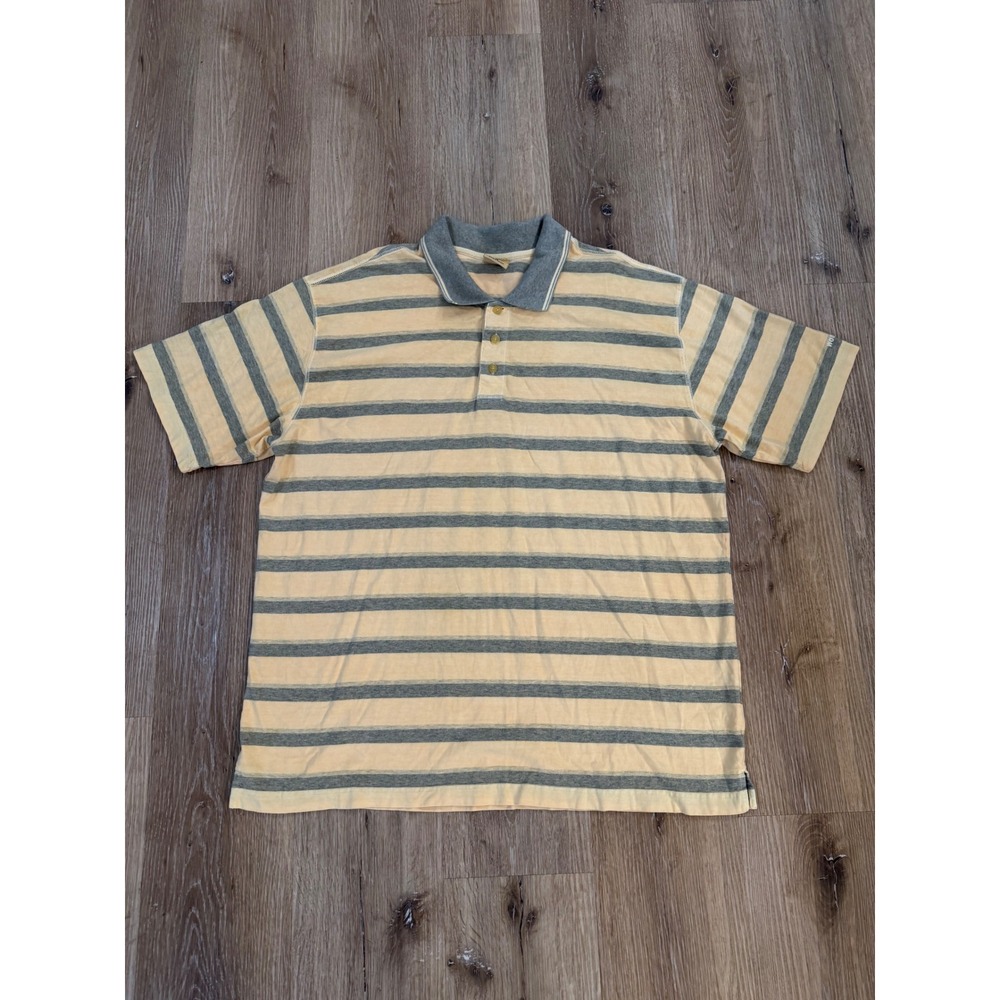 VTG Woolrich Mens XL Striped Polo Shirt‎ Butter Yellow Grey Cotton Short Sleeve